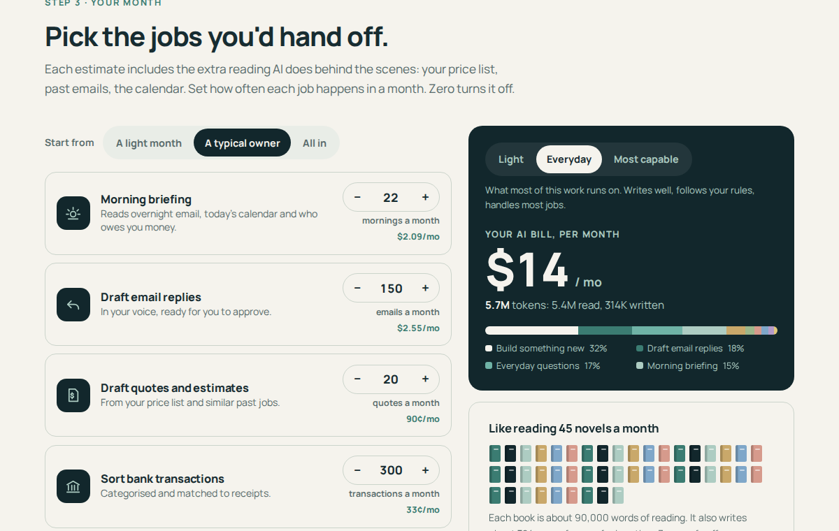 The AI cost calculator page, built in the same session